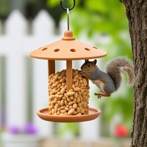 Squirrel-proof peanut feeder hanging in garden