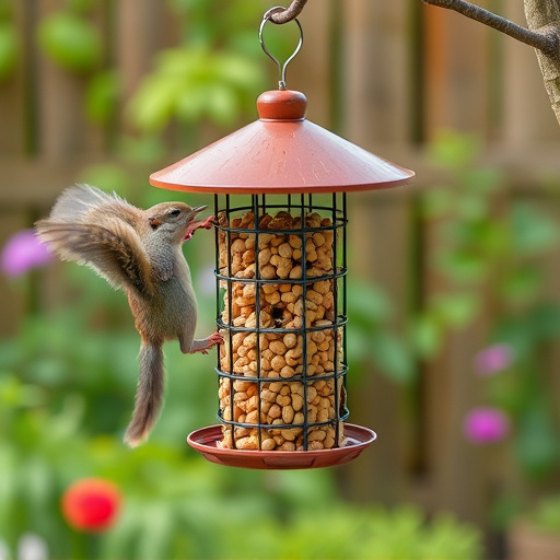 Squirrel-proof peanut feeder hanging in garden