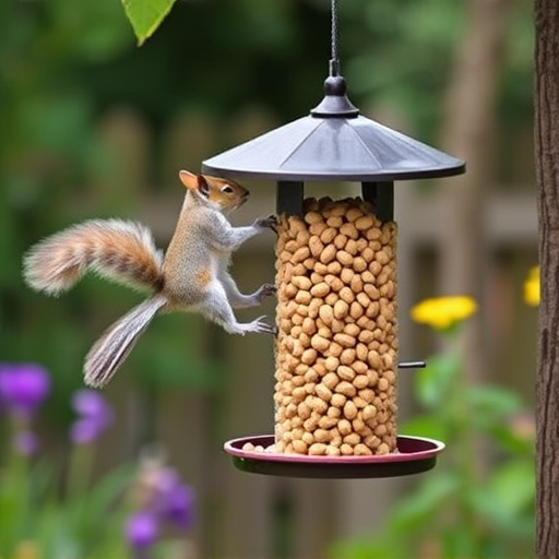 Squirrel-proof peanut feeder hanging in garden