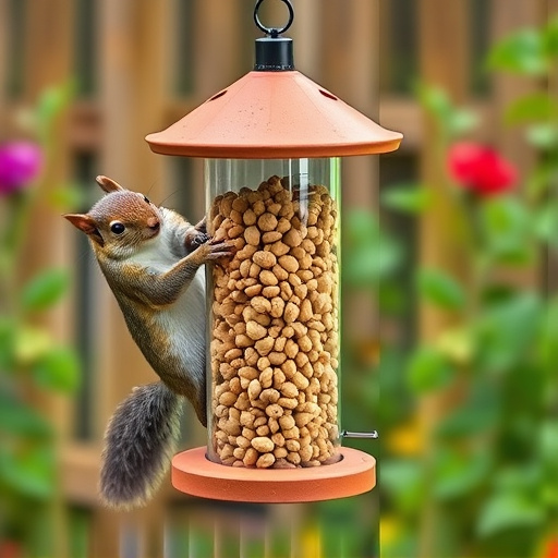 Squirrel-proof peanut feeder hanging in garden