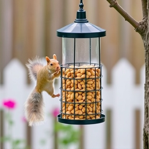 Squirrel-proof peanut feeder hanging in garden