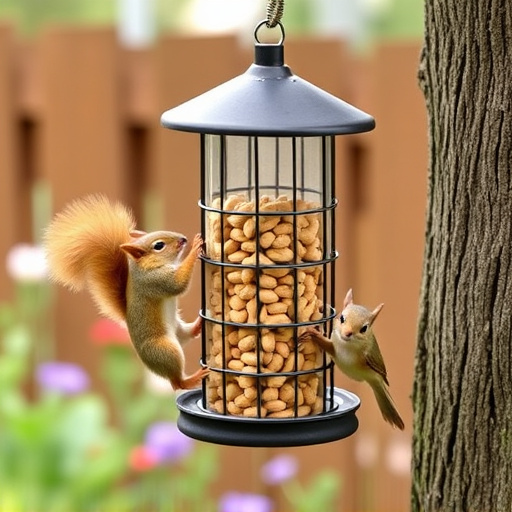 Squirrel-proof peanut feeder hanging in garden