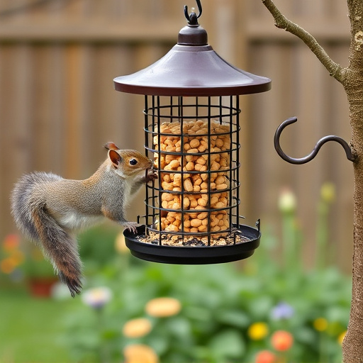 Squirrel-proof peanut feeder hanging in garden