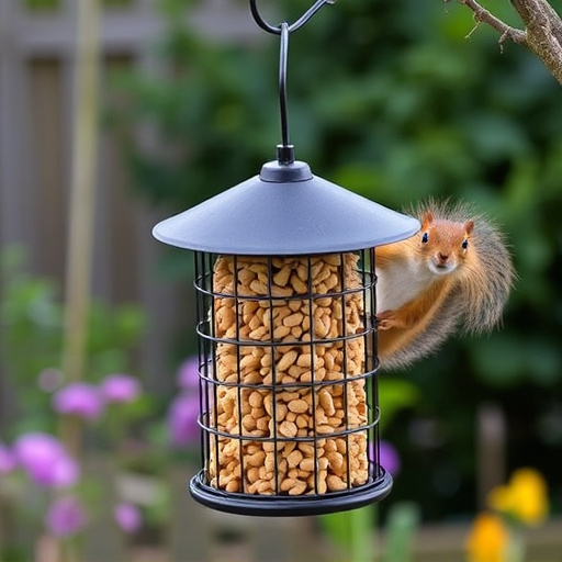 Squirrel-proof peanut feeder hanging in garden