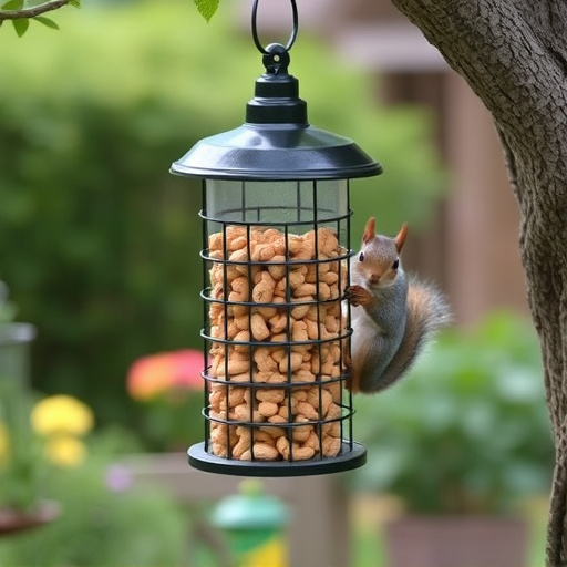 Squirrel-proof peanut feeder hanging in garden