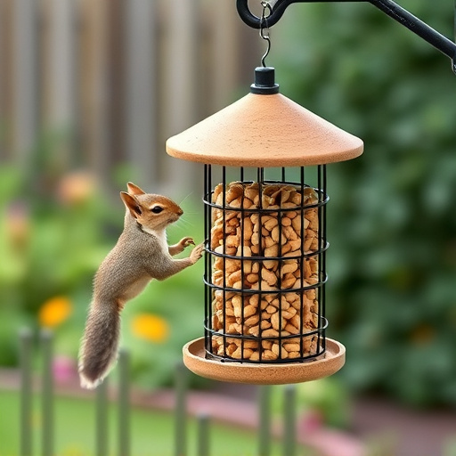 Squirrel-proof peanut feeder hanging in garden