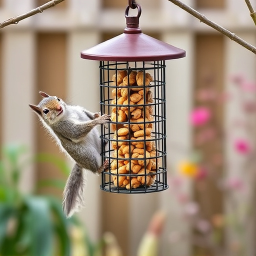 Squirrel-proof peanut feeder hanging in garden