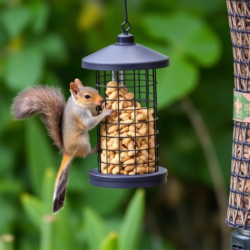 Squirrel-proof peanut feeder hanging in garden