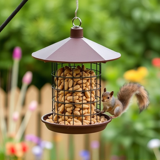 Squirrel-proof peanut feeder hanging in garden