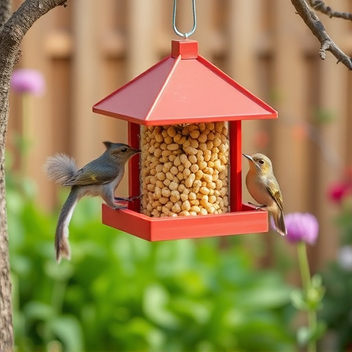 Squirrel-proof peanut feeder hanging in garden