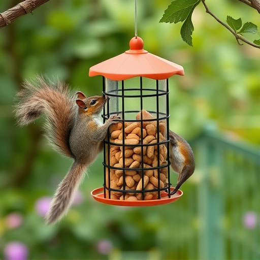 Squirrel-proof peanut feeder hanging in garden