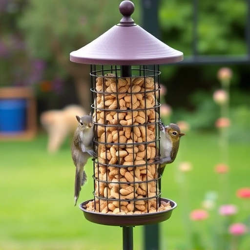Squirrel-proof peanut feeder in garden