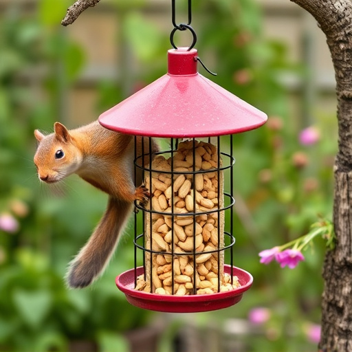 Squirrel-proof peanut feeder in garden