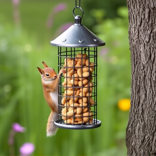 Squirrel-proof peanut feeder in garden