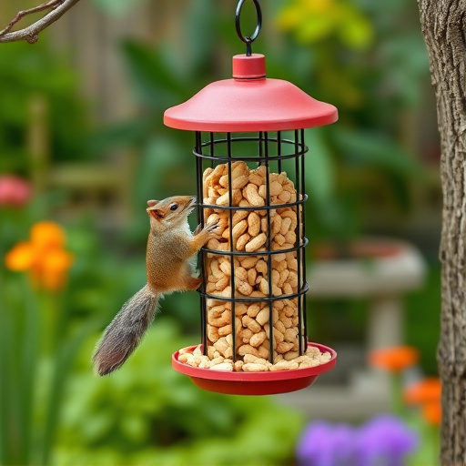 Squirrel-proof peanut feeder in garden