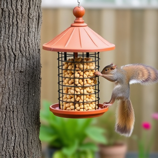 Squirrel-proof peanut feeder in garden