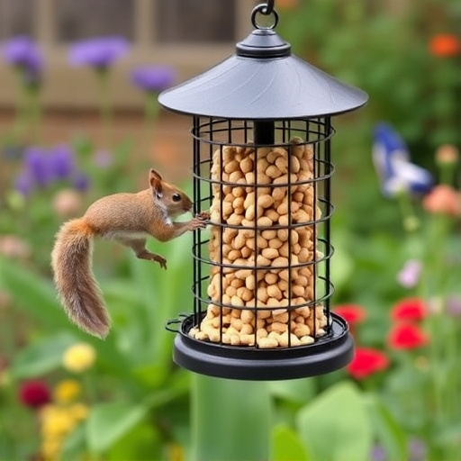 Squirrel-proof peanut feeder in garden