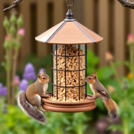 Squirrel-proof peanut feeder in garden