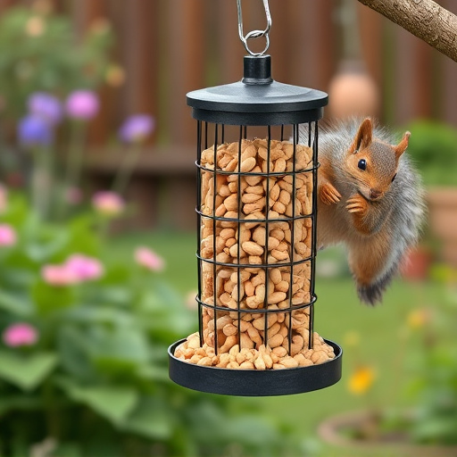 Squirrel-proof peanut feeder in garden
