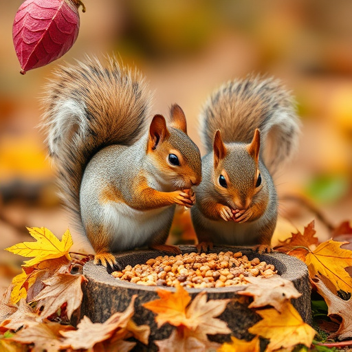 Squirrels near autumn bird food