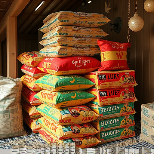 Stack of bird feed parcels indoors