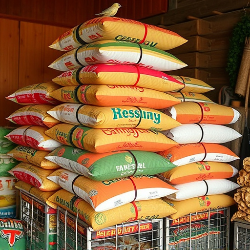 Stack of bird feed parcels indoors