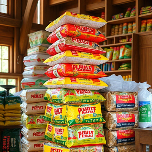 Stack of bird feed parcels indoors