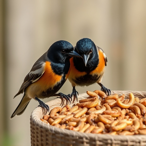 Starlings eating dried mealworms outdoors