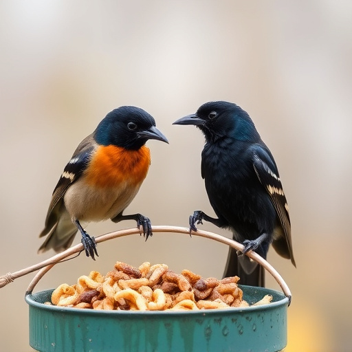Starlings eating dried mealworms outdoors