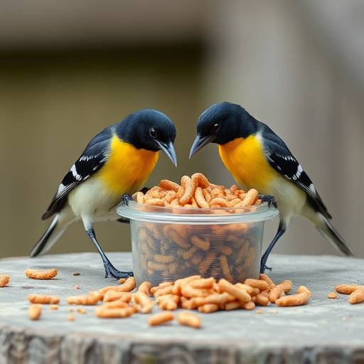 Starlings eating dried mealworms outdoors