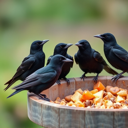 Starlings gathering near food dish
