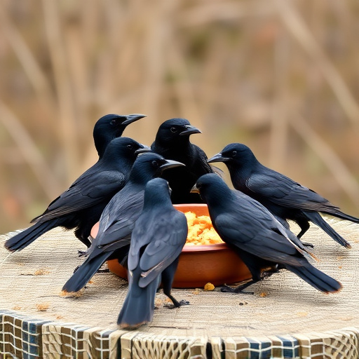 Starlings gathering near food dish