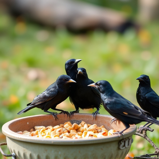 Starlings gathering near food dish