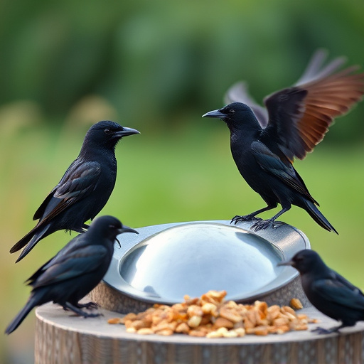 Starlings gathering near food dish