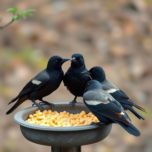 Starlings gathering near food dish