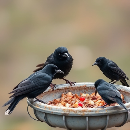 Starlings gathering near food dish