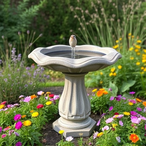 Stone bird bath surrounded by wildflowers