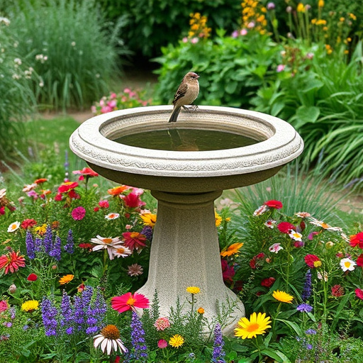 Stone bird bath surrounded by wildflowers