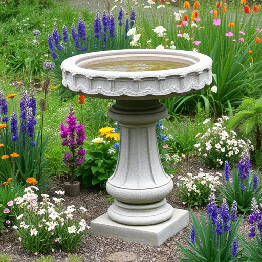 Stone bird bath surrounded by wildflowers