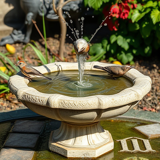 Stone bird bath with sparrows splashing water