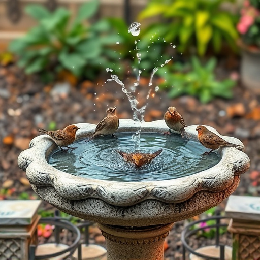 Stone bird bath with sparrows splashing water