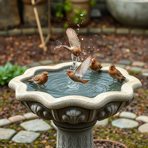 Stone bird bath with sparrows splashing water