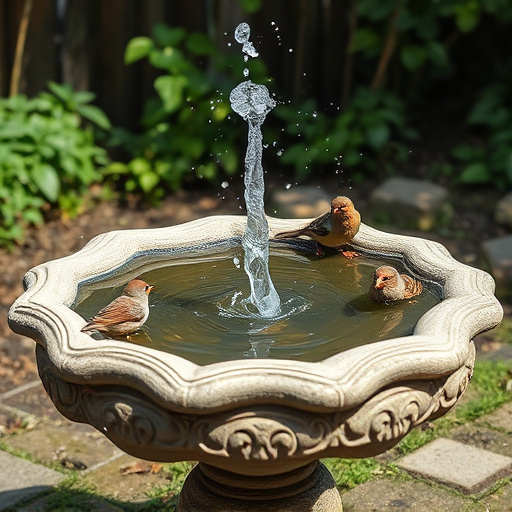 Stone bird bath with sparrows splashing water