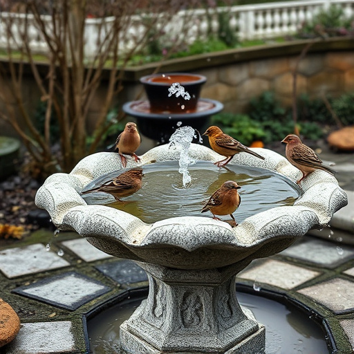 Stone bird bath with sparrows splashing water