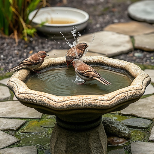 Stone bird bath with sparrows splashing water