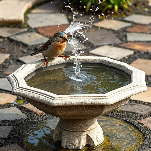 Stone bird bath with sparrows splashing water