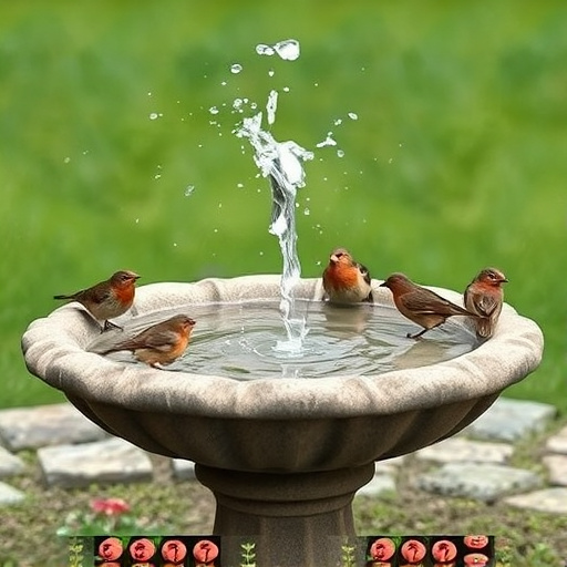 Stone bird bath with sparrows splashing water