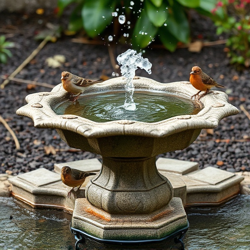 Stone bird bath with sparrows splashing water