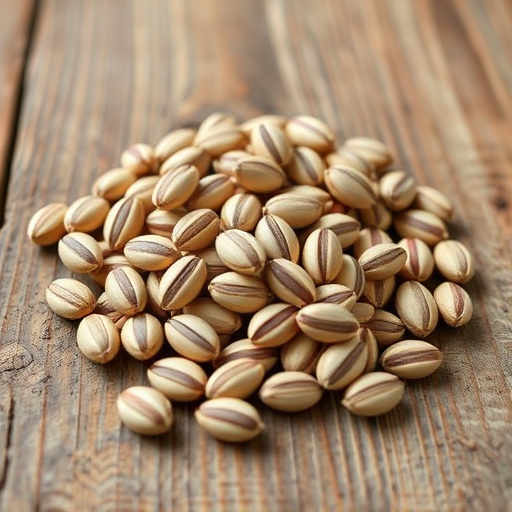 Striped sunflower seeds on wooden table