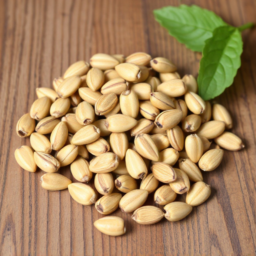 Striped sunflower seeds on wooden table